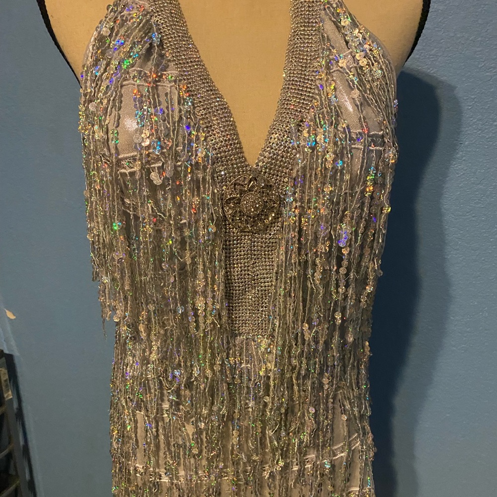 Silver Sequin Fringe Halter Dress - Disco Costume View 2